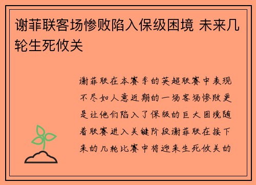 谢菲联客场惨败陷入保级困境 未来几轮生死攸关