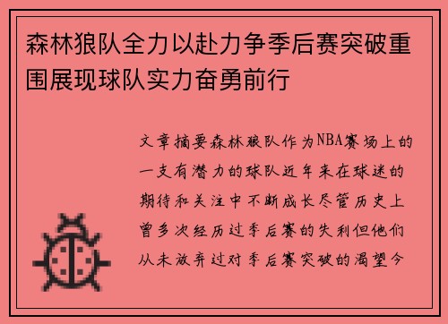 森林狼队全力以赴力争季后赛突破重围展现球队实力奋勇前行