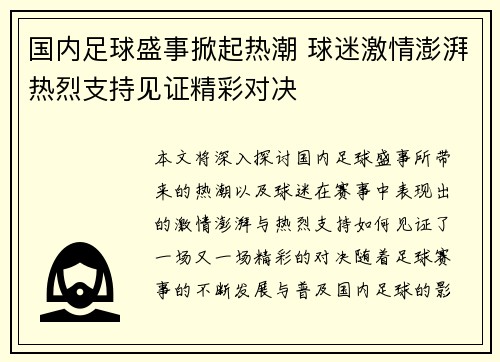 国内足球盛事掀起热潮 球迷激情澎湃热烈支持见证精彩对决