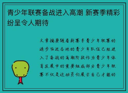 青少年联赛备战进入高潮 新赛季精彩纷呈令人期待