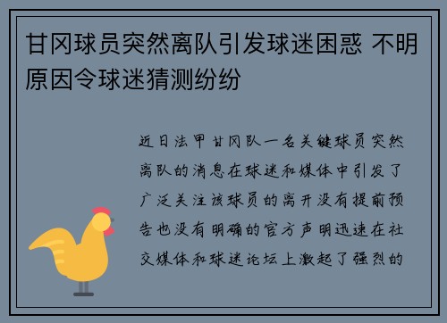 甘冈球员突然离队引发球迷困惑 不明原因令球迷猜测纷纷