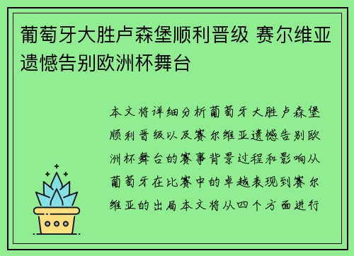 葡萄牙大胜卢森堡顺利晋级 赛尔维亚遗憾告别欧洲杯舞台